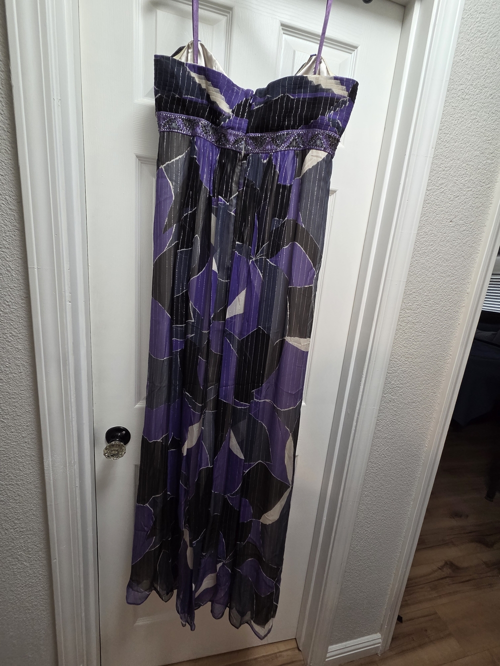 Strapless Purple and Black Print Maxi Dress
